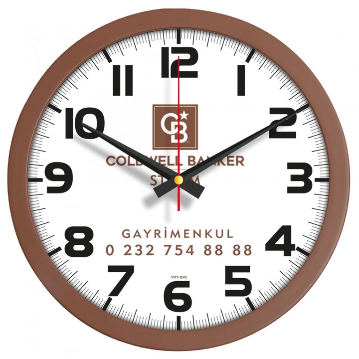 Logo Baskılı Kahverengi Yuvarlak 30 cm Plastik Duvar Saati
